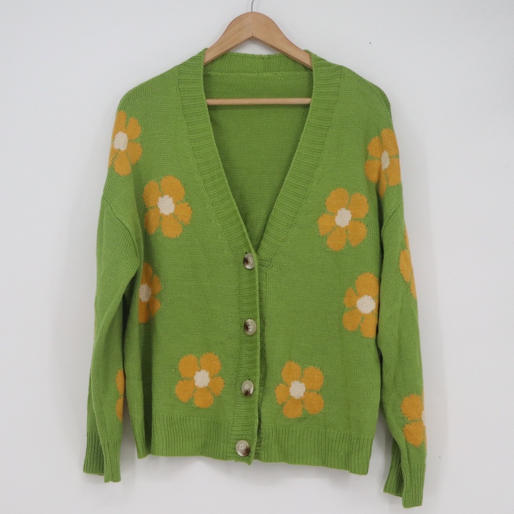 SHEIN Green Cardigan with Yellow Flower Pattern